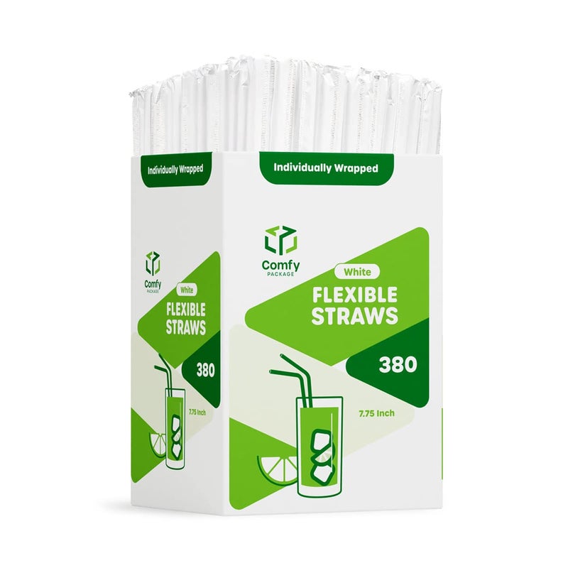Comfy Package Individually Wrapped Disposable Plastic Flexible Drinking Straws - BPA Free - White [380 Pack] - Image 1